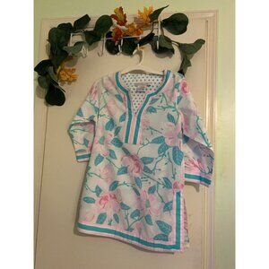 Gretchen Scott Women’s SZ M Tunic Top Pink Green Floral V Neck 3/4 Sleeve Cotton